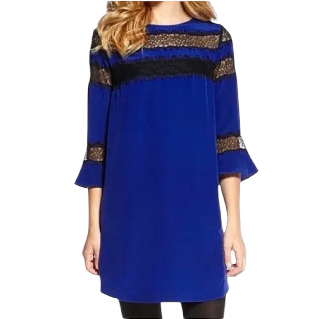 Rebecca Taylor Silk Tunic Shift Dress Cobalt Blue And Black Lace Size 4 Nwt